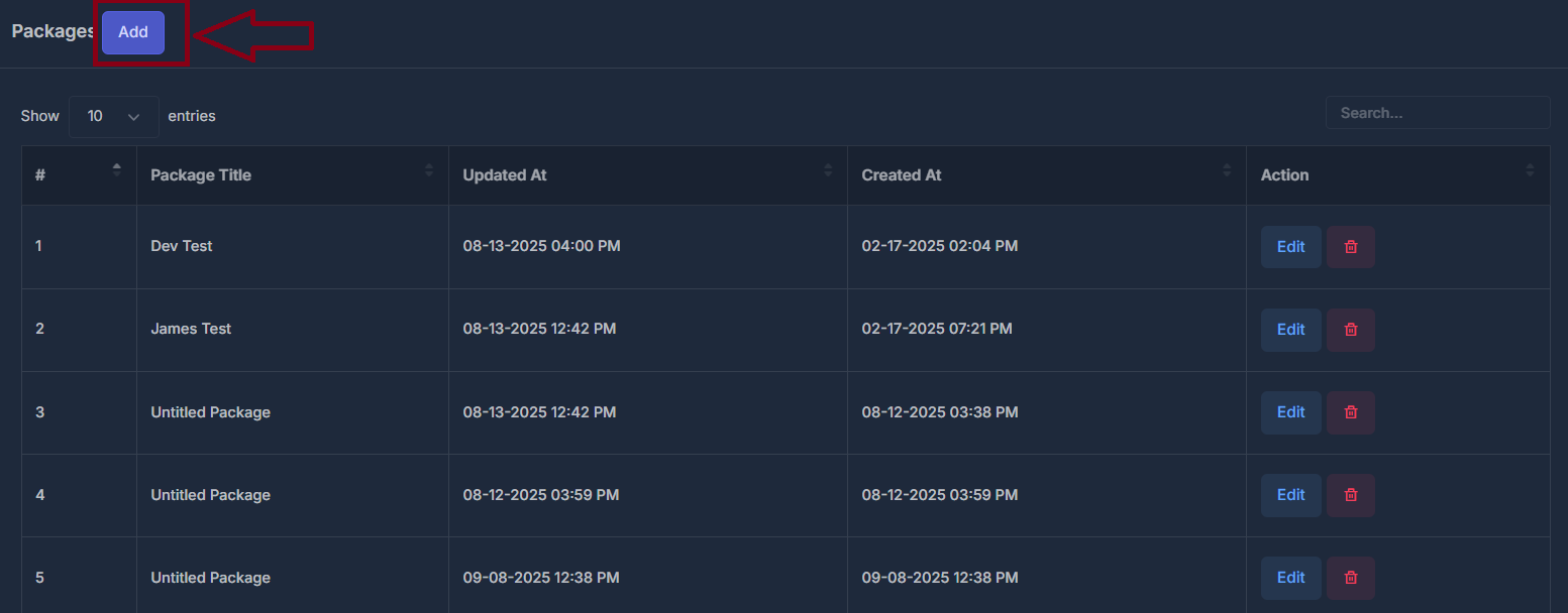 Add New Package Interface